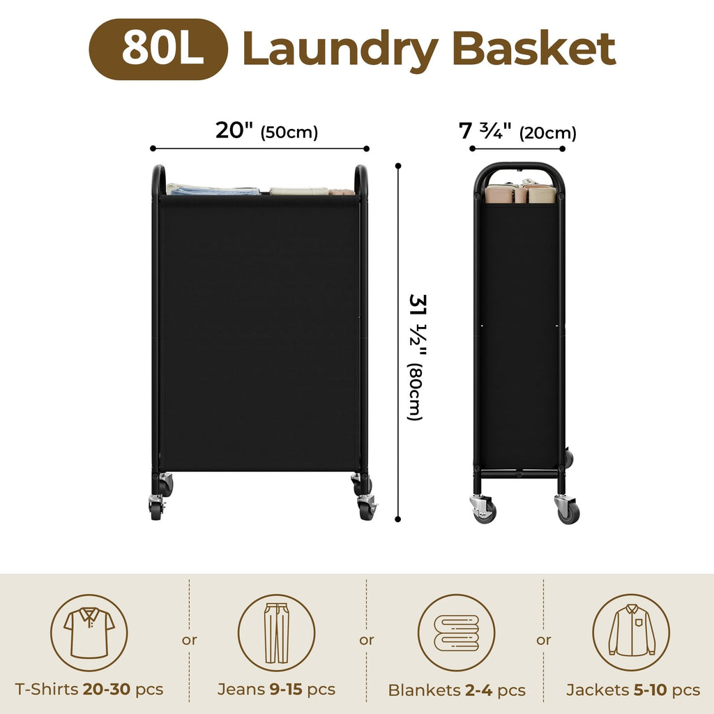 Laundry Hamper, Slim Basket with Wheels and Handles, Black, 80L