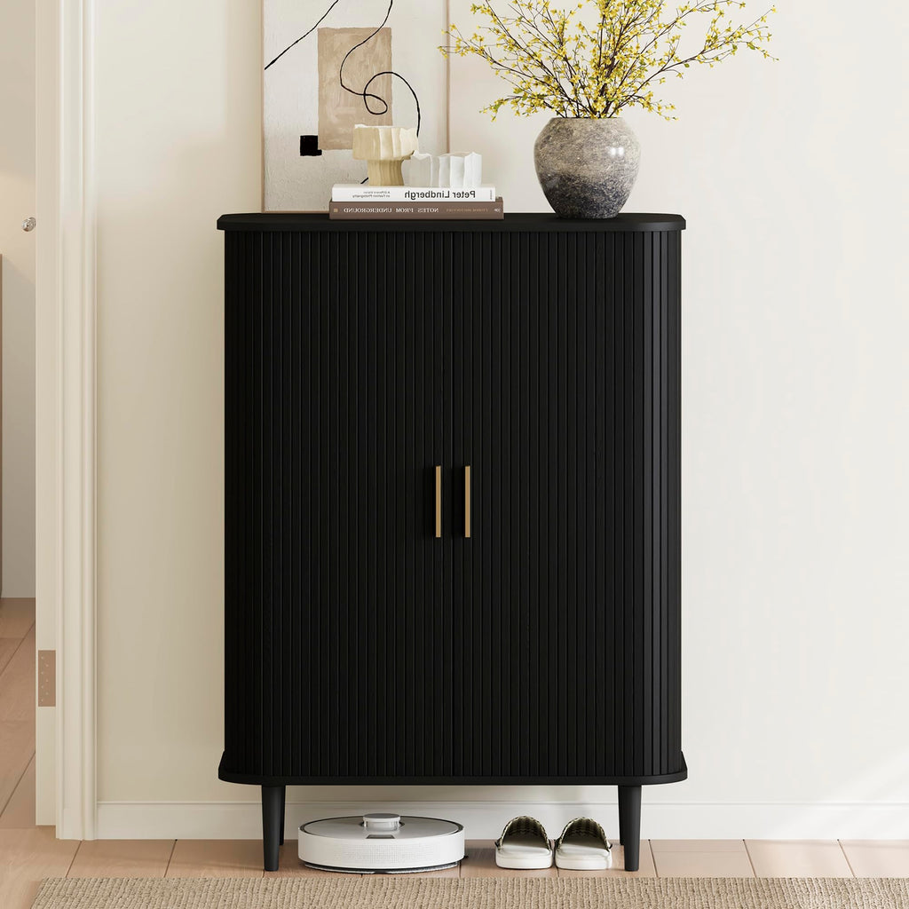 Shoe Storage Cabinet with Sliding Door, 6-Tier Shoe Cabinet with Adjustable Shelves, Mid-Century Modern Freestanding
