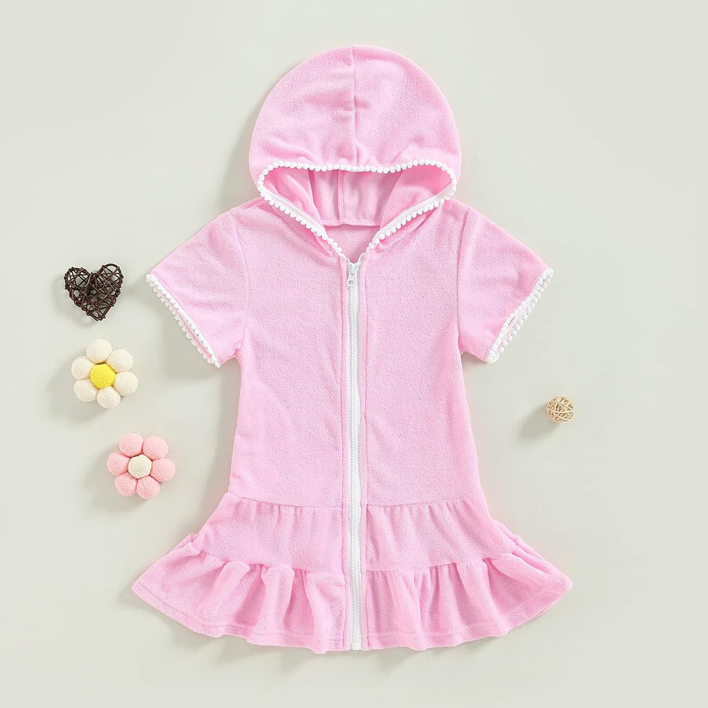 Girls Swim Cover Up Kids Short Sleeve Swimsuit Coverups Terry Zip-Up Hoodies Beach Dress Ruffle Bathing Suit Wraps