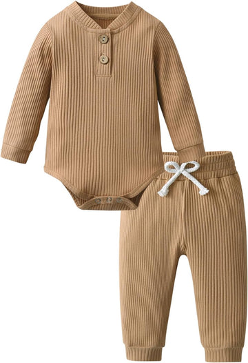 Newborn Baby Boy Girl Clothes Ribbed Cotton Long Sleeve Romper and Pants Outfits Set