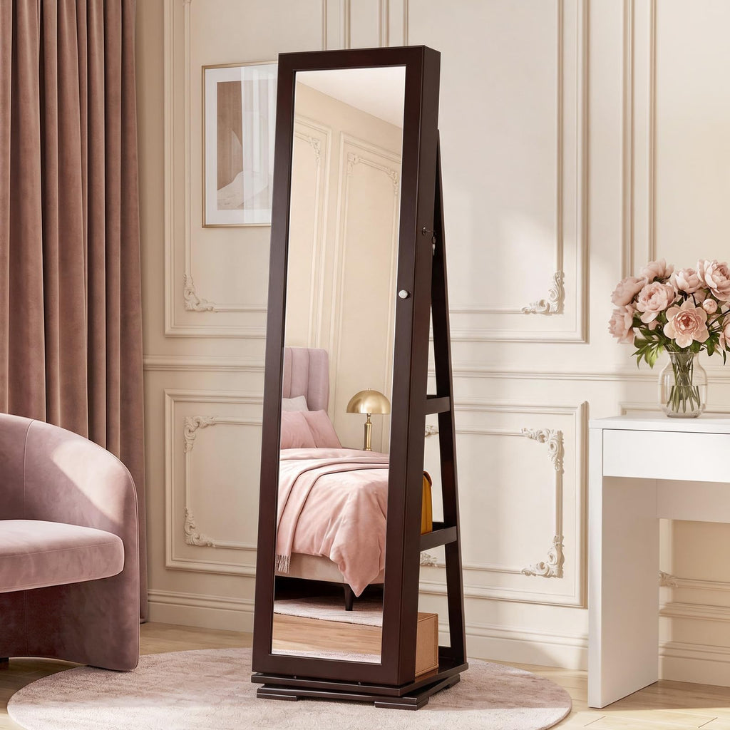360° Swivel Jewelry Mirror Cabinet with Full-Length Mirror and Interior Makeup Mirror, Lockable Standing Jewelry