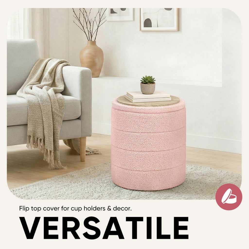 14.5" Round Storage Ottoman, Boucle Sherpa Ottoman with Tray