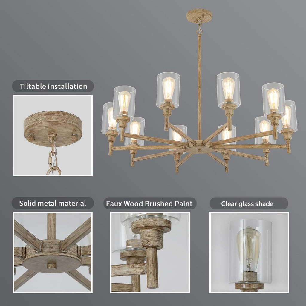 10-Light Large Farmhouse Chandeliers with Glass Cover 41"