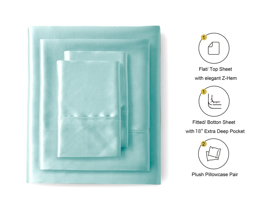 Silk like Satin Sheets, California King Size Bed Sheet Set, Aqua, 4 Piece
