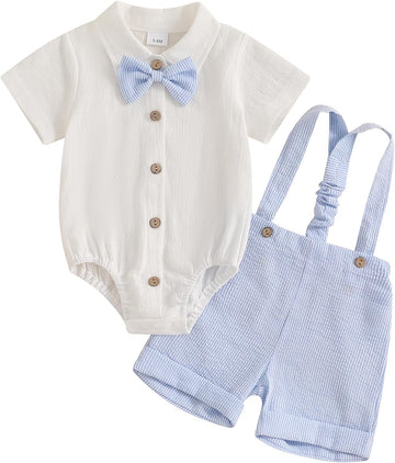 Newbron Baby Boy Summer Outfit Cotton Linen Button Short Sleeve Bowtie Shirt Romper Suspender Shorts Set