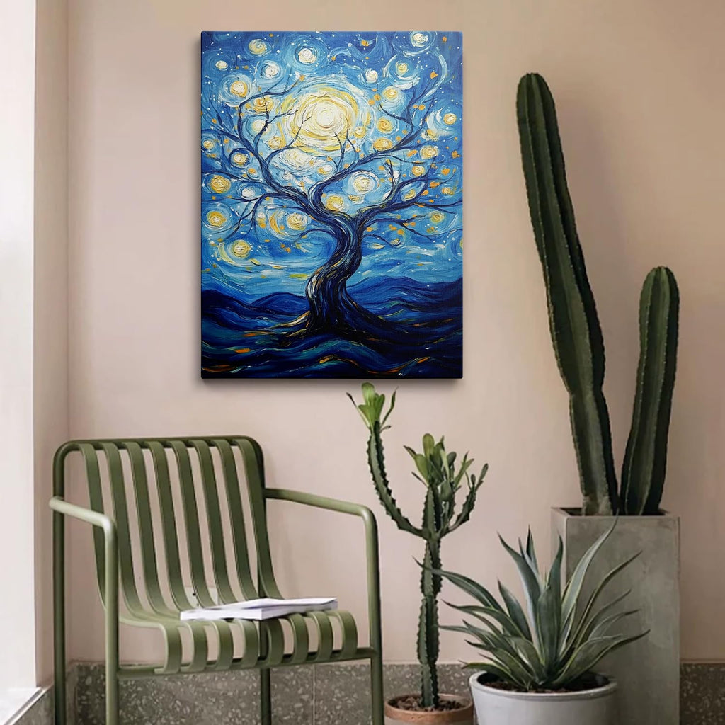 Framed Van Gogh Canvas Wall Art Set, Colorful Abstract Tree of Life & Starry Night Paintings, Boho Wall Decor, Blue
