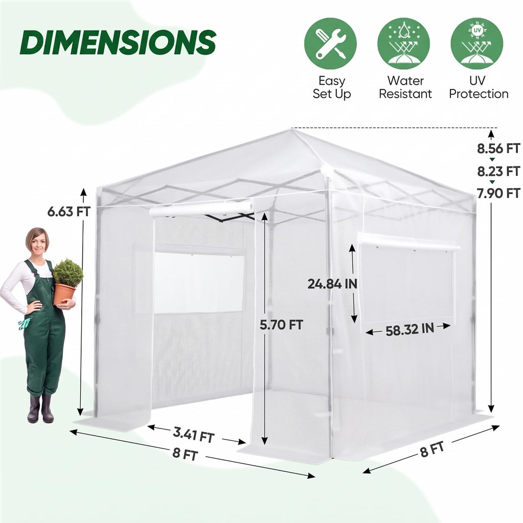 8x8 Easy Setup Pop Up Greenhouse, Clear/White