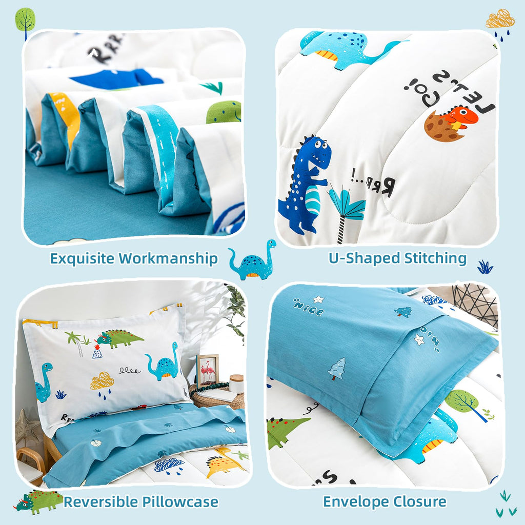 Cotton Toddler Bedding Set, 4 Pieces Dinosaur Kids Bed Comforter Set