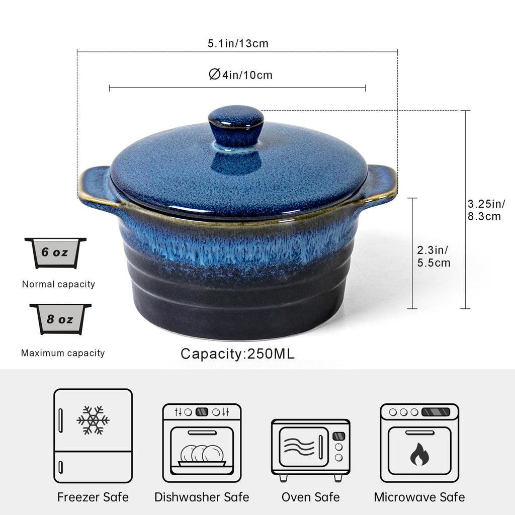 8 oz Ceramic Ramekins with Lid, Mini Casserole Dish with Handles Set of 4, Porcelain Small Baking Dish, Round Small
