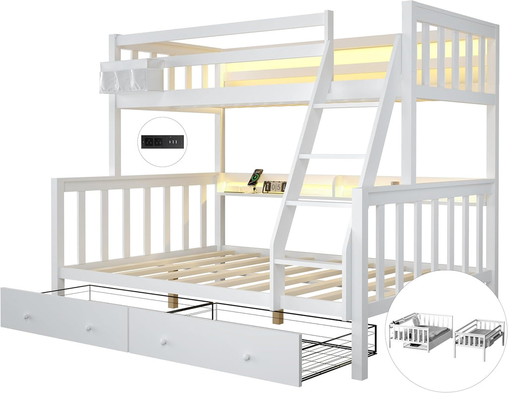 Solid Wood Bunk Bed with Charging Station and LED Lights Detachable Bunk Bed Twin Over Twin with 2 Storage Drawers