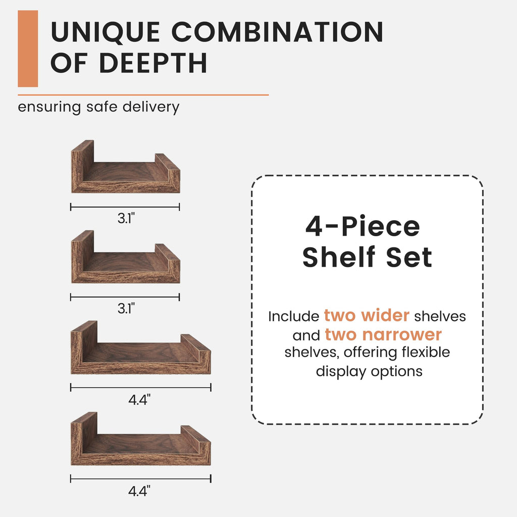 Floating Picture Ledge Shelves for Wall Set of 4, 48" W, Walnut