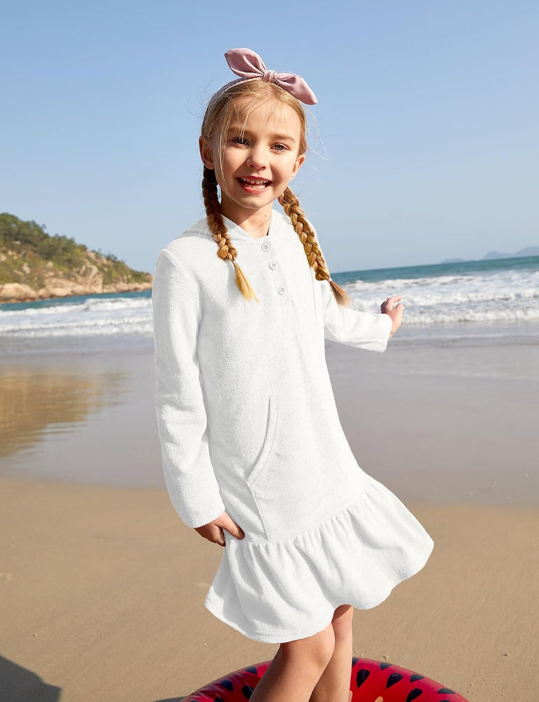 Girls Summer Long Sleeve Coverups Button Down Terry Quickly Dry Ruffle Hem with Hood Cover Up
