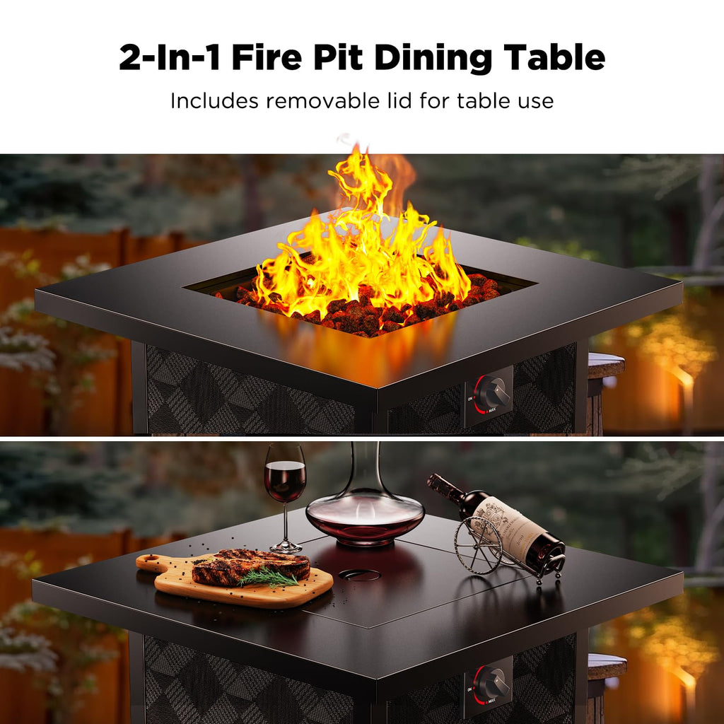 Propane Fire Pits 28′′ Outdoor Gas Fire Pit, 50, 000 BTU Square Fire Pit Table with Lava Rocks, 2-in-1 Fire Table with