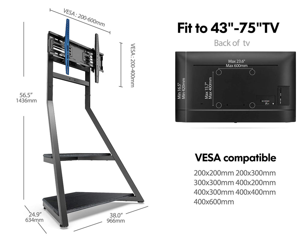 Corner TV Stand for 43-75" TVs with Wooden Storage Shelves, Black