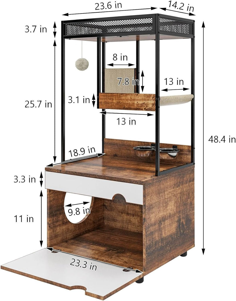 48" Tall Hidden Cat Litter Box Enclosure with Cat Tree Tower, Scratching Pads, and Ample Storage Space, Industrial