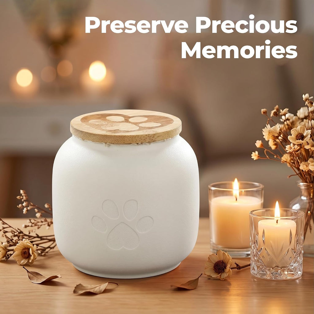Small Pet Urn for Ashes, Cremation Memorial Urns for Cats & Dogs, 3.7"x4.1" White Ceramic Paw Design Keepsake Jar