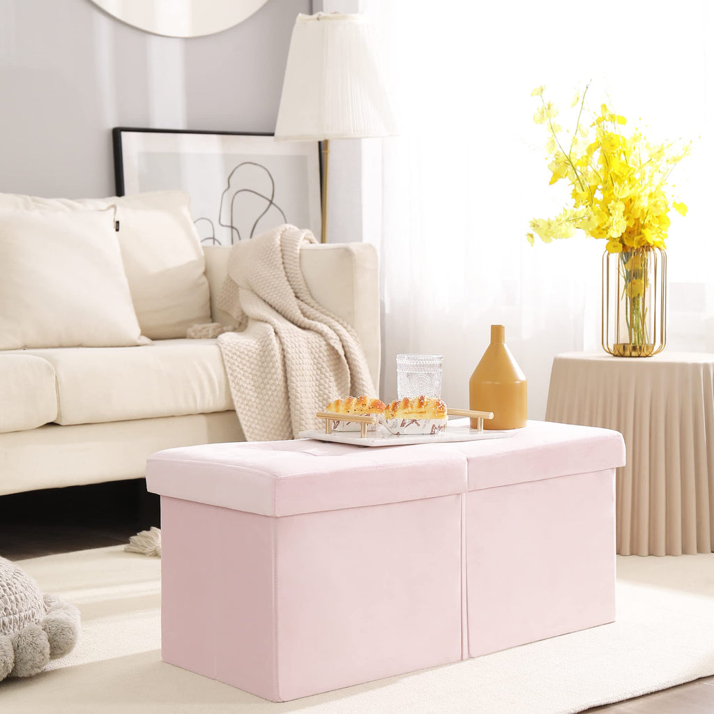 Storage Ottoman Bench Foldable Footrest Foot Stool, 30" Velvet Pink