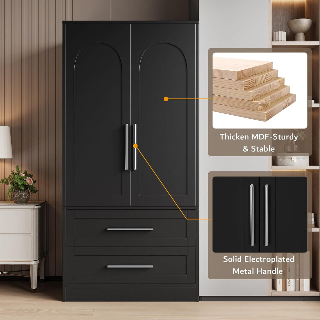 Wooden Armoire Wardrobe Closet with 2 Drawers, Clothing Storage Cabinet with Shelves Aluminum Hanging Rod, Wardrobe
