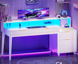 Office Desk with 4 Storage Drawers, 59" Fluted Wood Gaming Computer Desk with LED Lights and Power Strip