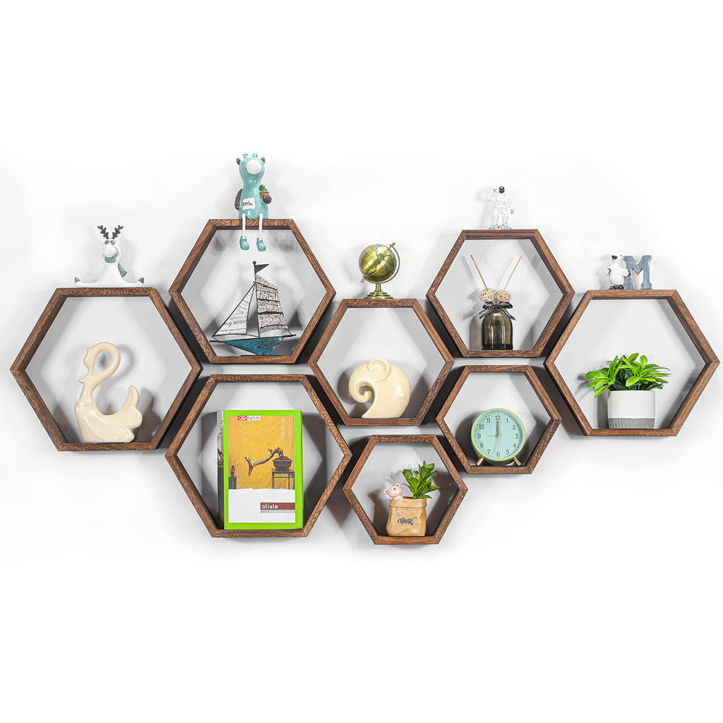 Hexagon Floating Shelves Set of 8 Wood Hexagonal Shelves Brown Wall Decor and Storage Racks Floating Honeycomb Plants