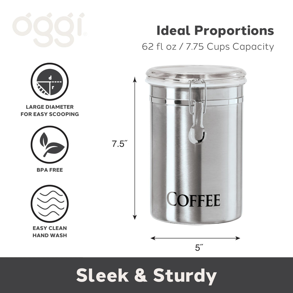 Stainless Steel Coffee Canister 62 fl oz - Airtight Clamp Lid, Clear See-Thru Top - Ideal for Coffee Bean Storage