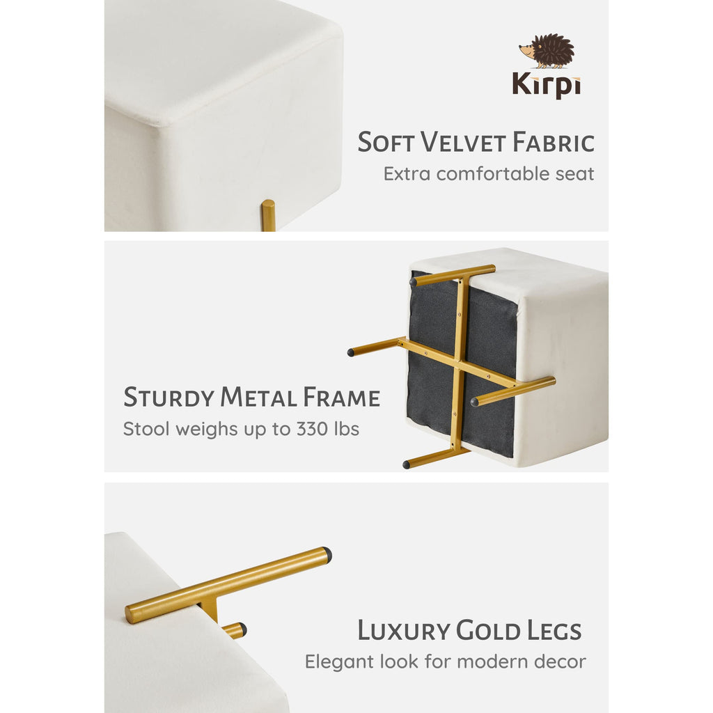 Cream Velvet Foot Stool Set of 2, Modern Vanity Ottoman Stools with Gold Legs, Cube Accent Foot Rest Bedroom Makeup