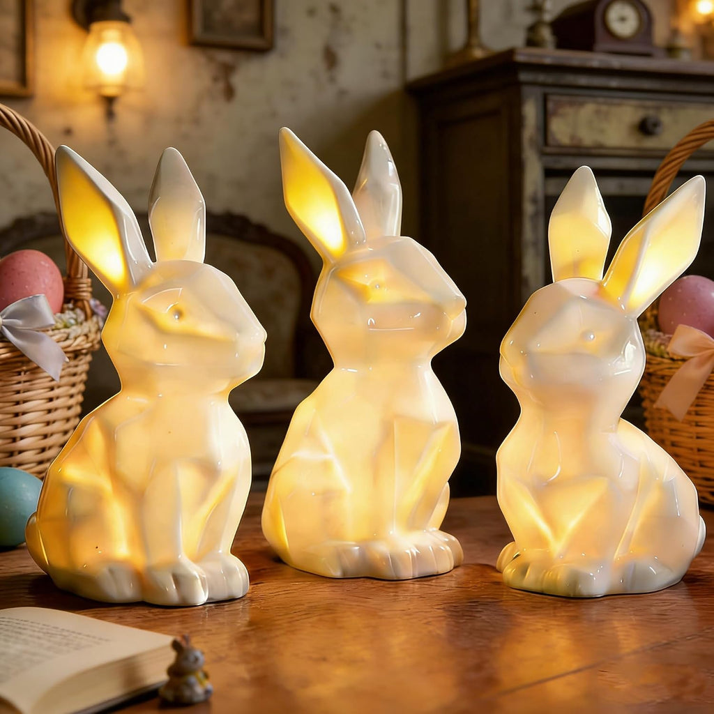 Easter Bunny Decorations, Ceramic White Rabbit Statues Ornaments, Lighted Bunny Table Centerpiece for Easter - Set of 3