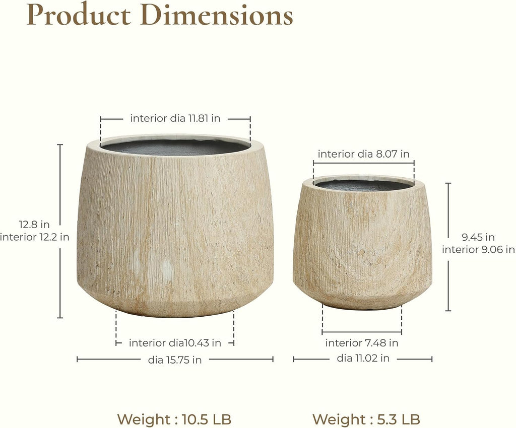 LuxenHome Round Tapered Planters, Set of 2 Outdoor Indoor Plant Pots with Drainage Hole, Decorative Lightweight
