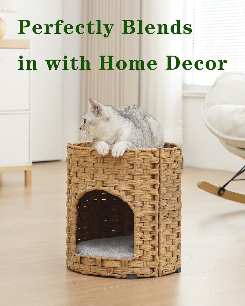 Cat House for Indoor Cat, Small Handwoven PE Rattan Kitten Cave