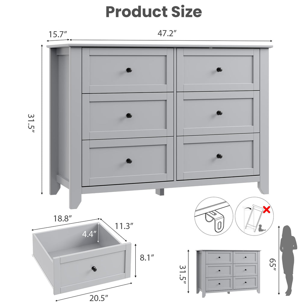 6 Drawer Dresser, Grey Modern Large Chest
