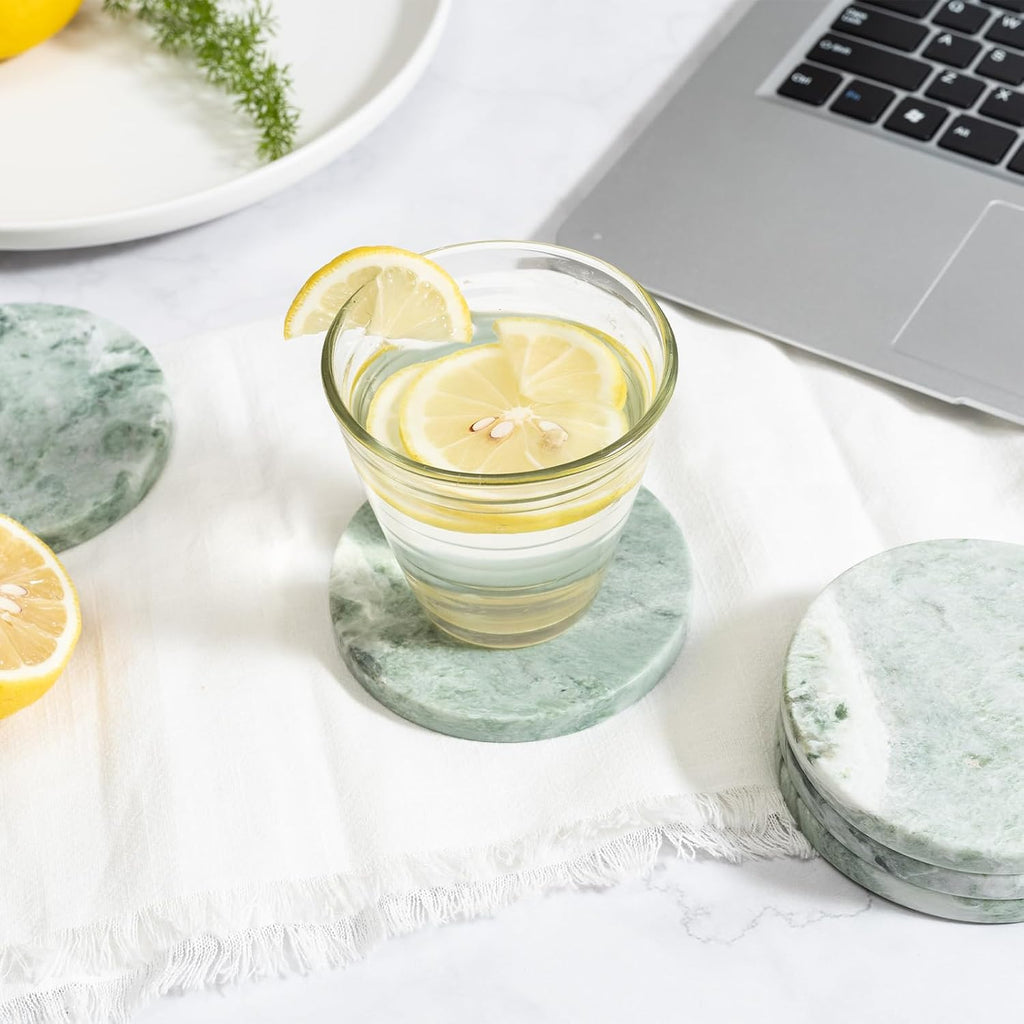 Green Marble Drink Coasters, Natural Stone Coasters, Elegant Home Decor - Set of 4