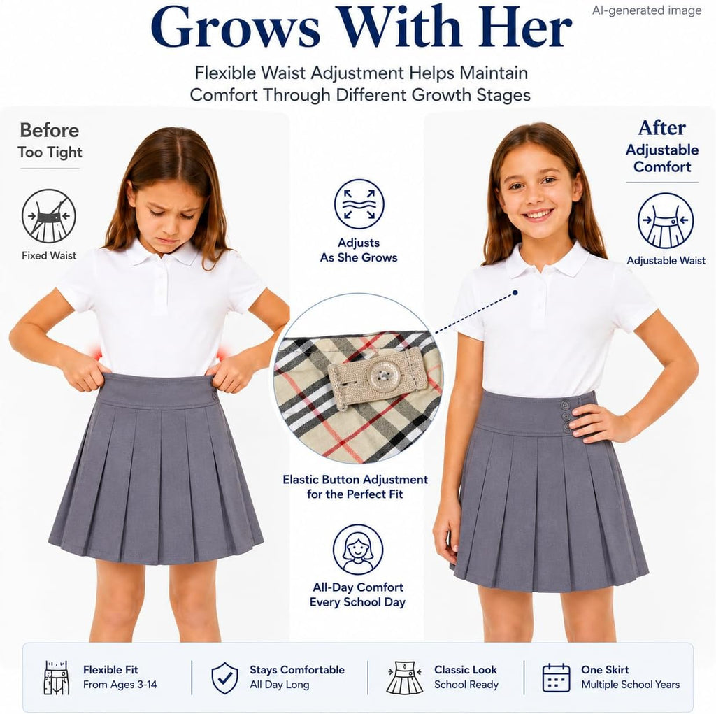 Girls Uniform Pleated Skirt: Adjustable Waist Skort
