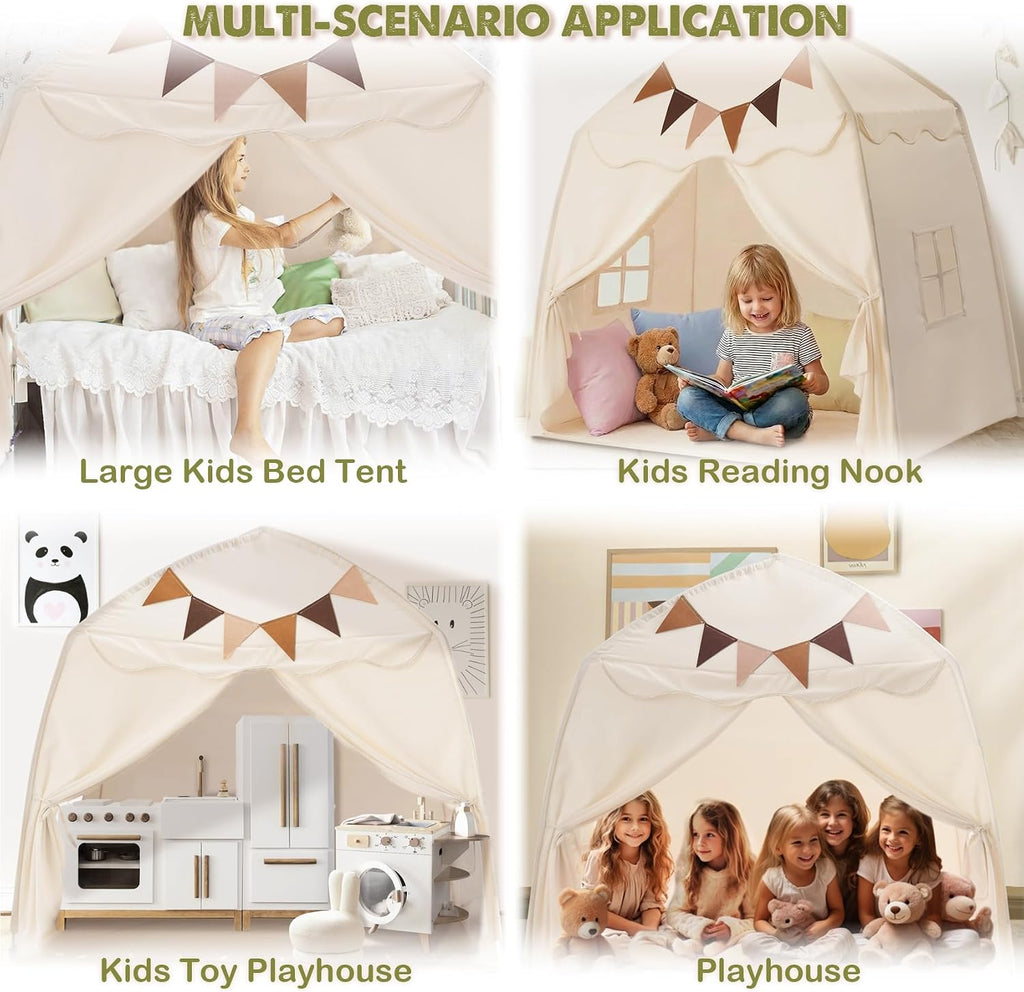 Large Kids Play Tent with Star Lights & Flags, Portable & Foldable Teepee Tents, Dome Tent Playhouse for Indoor &