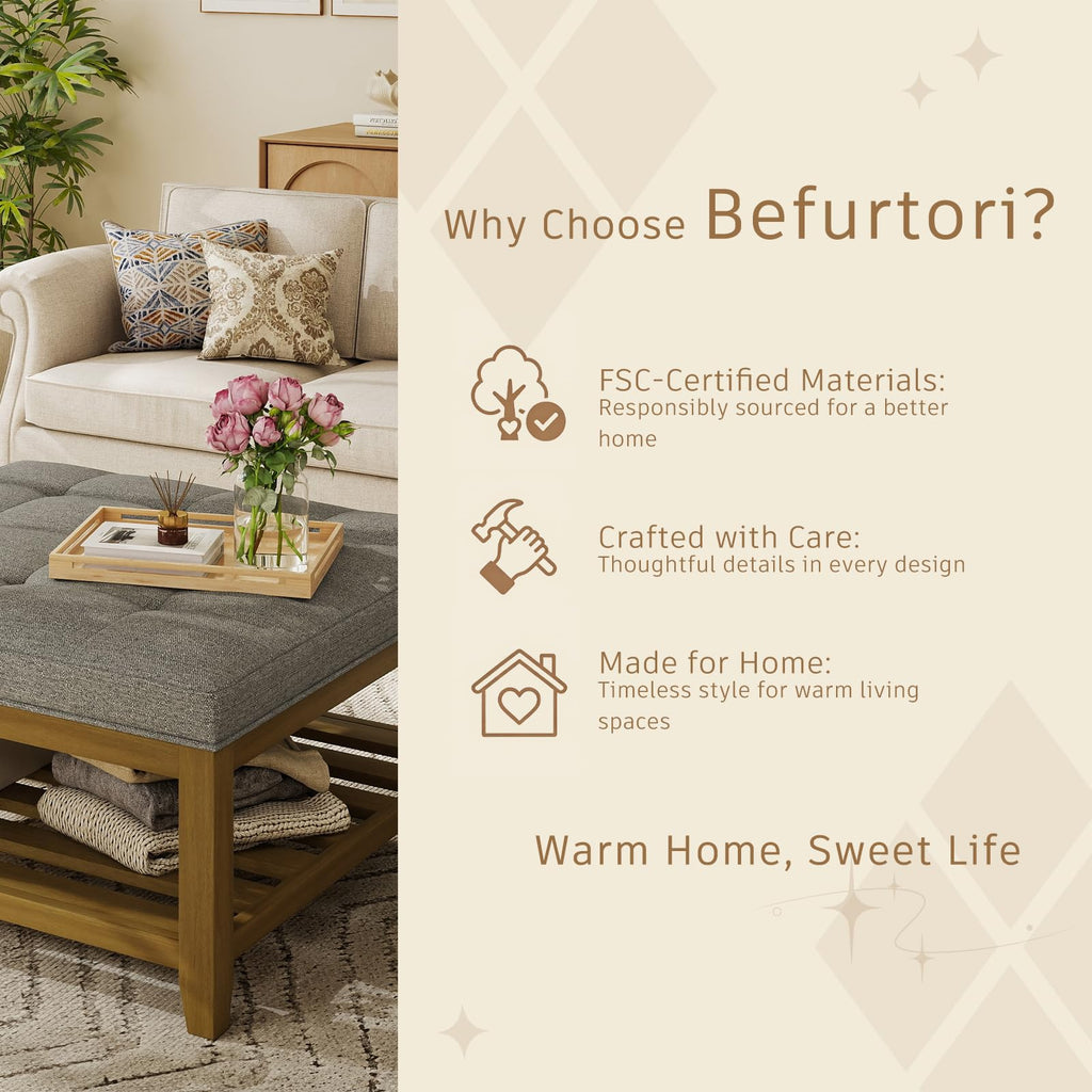 Ottoman with Storage Bench, Linen Ottoman Coffee Table, Granite