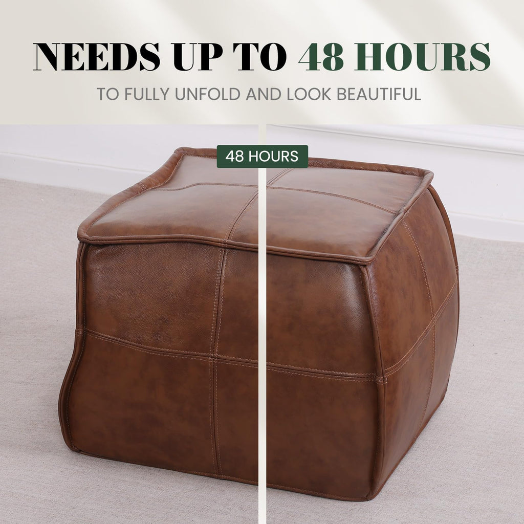Genuine Leather Ottoman, Square Pouf Footstool (Square, Brown)
