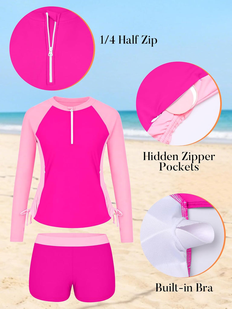 Girls Rash Guard Swimsuit Long Sleeve Swim Shirt with Pockets UPF 50+