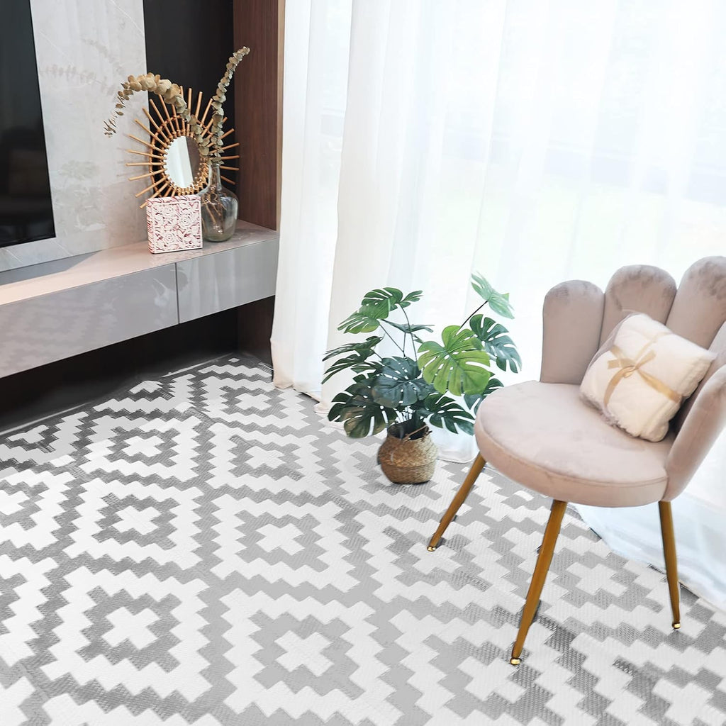 Outdoor Rugs, Reversible Patio Mat, Gray & White