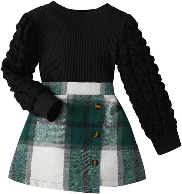 Toddler Girl Plaid Outfits Ribbed Knit Top and Skirt Set