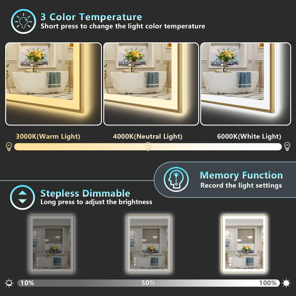 28x32 Gold LED Bathroom Mirror with Lights, Lighted Vanity Mirror