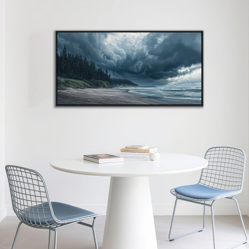 Beach Wall Art Navy Blue Picture Coastal Sea Wave Wall Decor Canvas Print Pictures Bedroom Decoration, Forest Framed