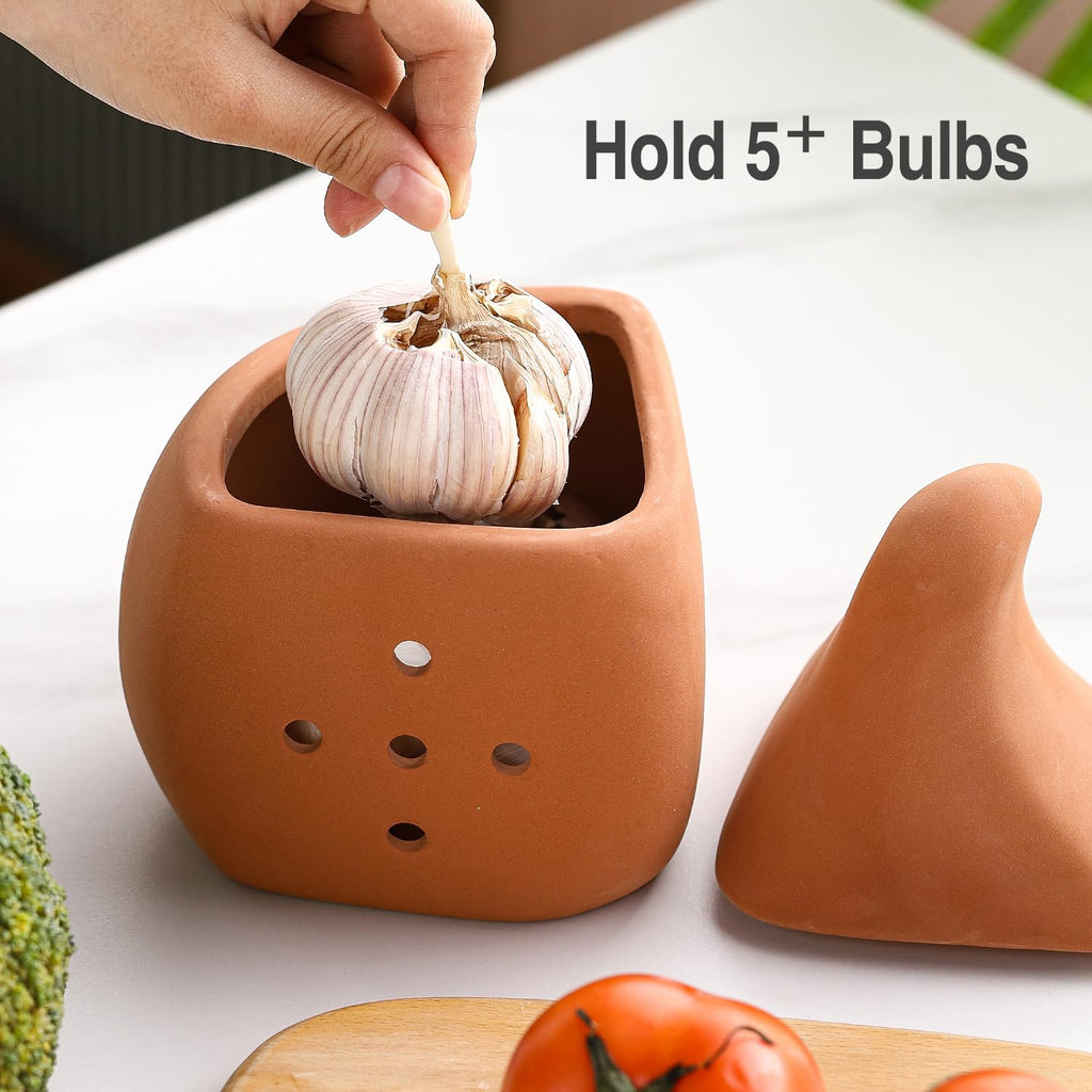 Terracotta Garlic Keeper Saver, Clay Storage Jar Large Container, Ceramic Garlic Pot Holder