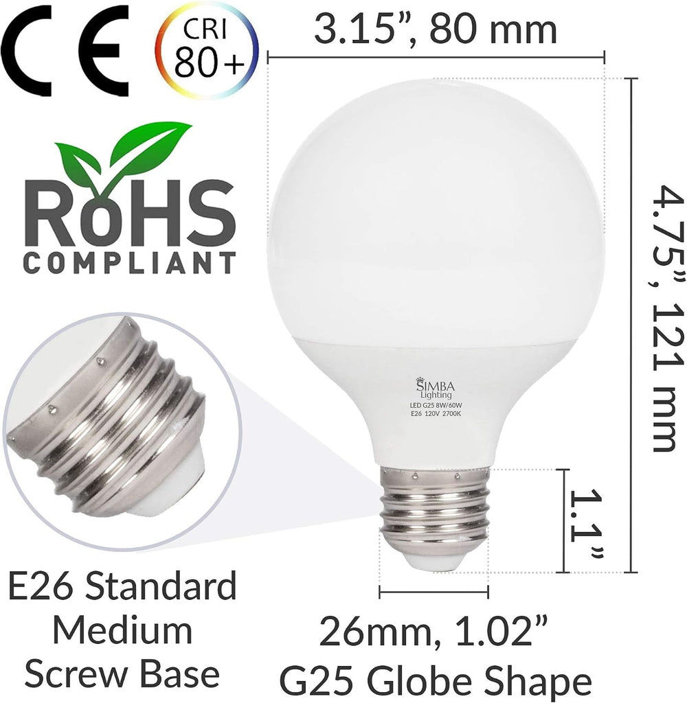 LED G25 Bulbs 8W 60W Equivalent 120V E26 Warm White, 3 Pack