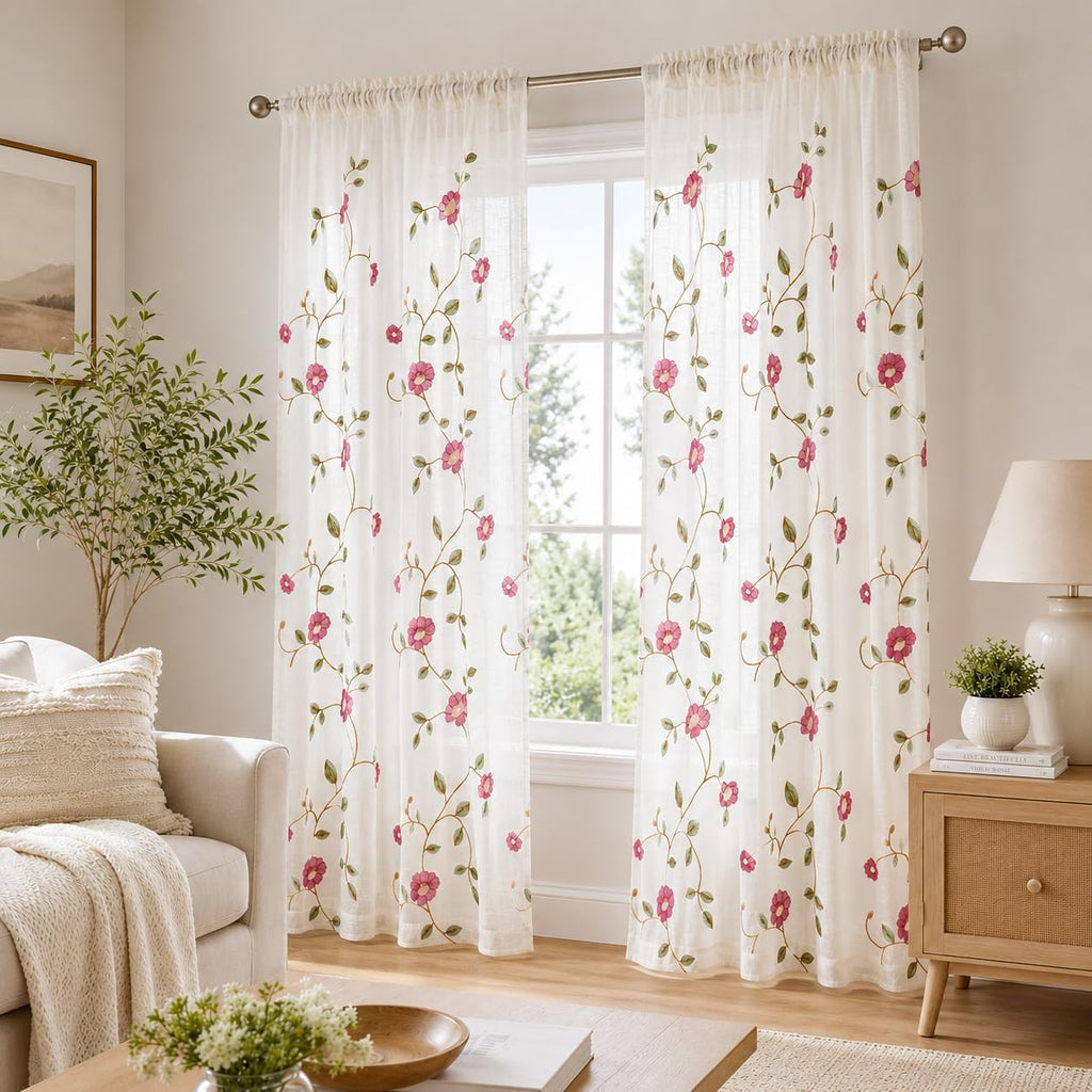 Sheer Curtains 96 Inches Long, Red Floral Embroidered Semi Sheer Rod Pocket Curtains , W52 X L96, 2 Pieces