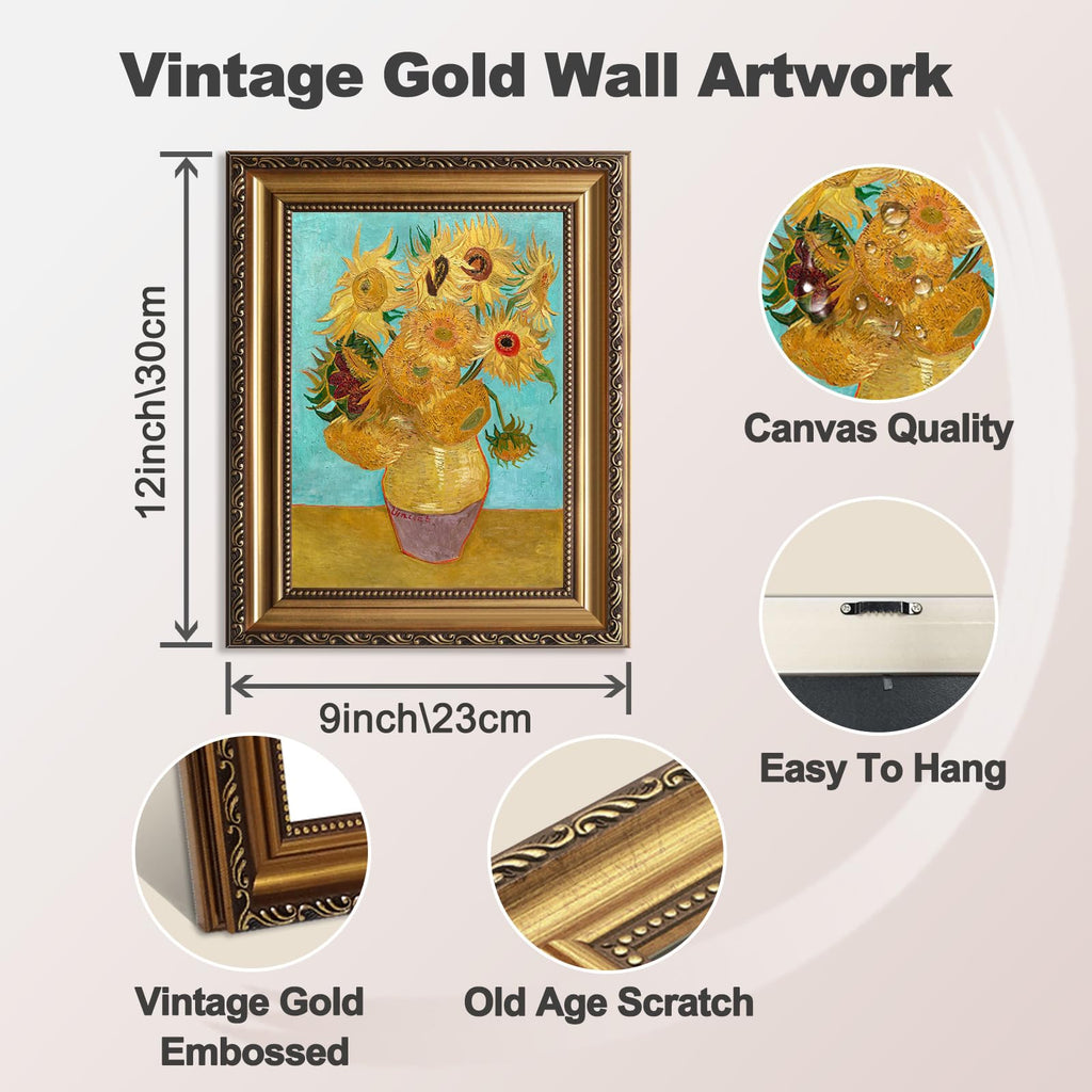 Van Gogh Wall Art Framed, Vintage Van Gogh Sunflowers Art Print, Impressionist Floral Painting, Vintage Teal Gold