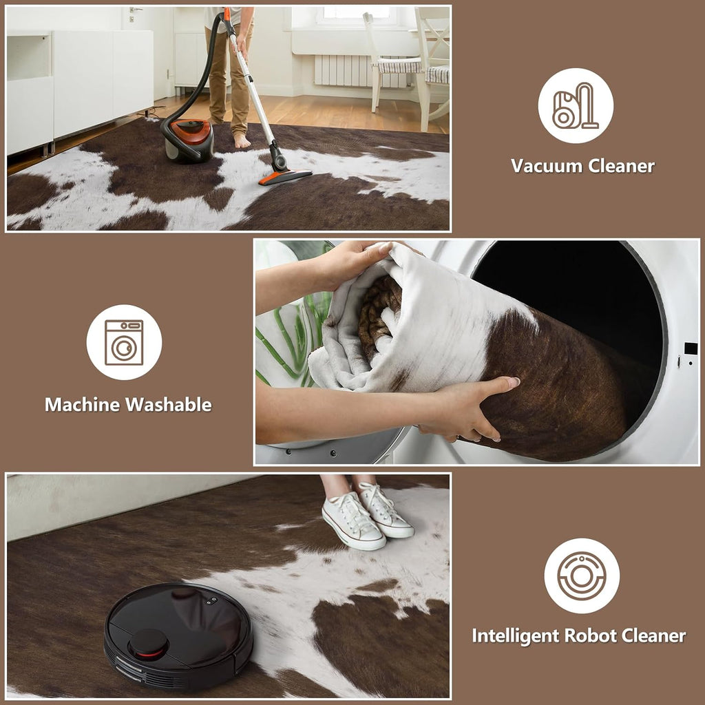 Cow Print Rug - Brown Faux Cowhide Rugs, Washable Soft Non-Slip Stain Resistant Animal Cow Hide Carpet Bedroom