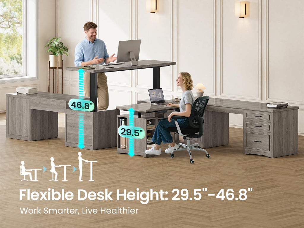 Farmhouse L Shaped Standing Desk with Storage (Grey)