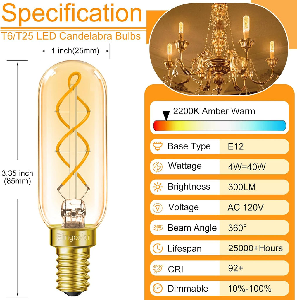 6 Pack Dimmable E12 LED Edison Candelabra Bulbs 40 Watt, Amber Warm 2200K