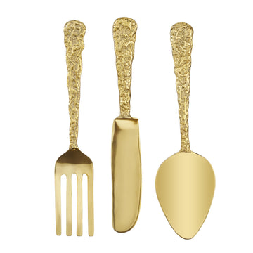 Aluminum Metal Utensils Wall Decor, Set of 3 Art 6" W, 23" H, Gold