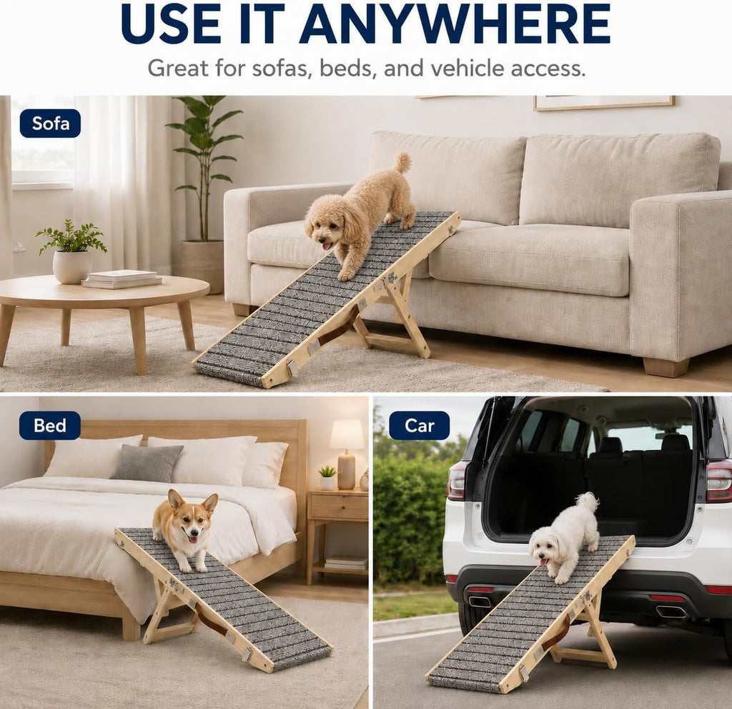 Dog Ramp for Couch, Adjustable Wooden Pet Ramp, 4 Heights, Foldable