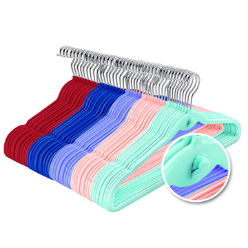 Multi-Color Premium Velvet Hangers with Mini Hooks, Pack of 50, Non Slip, Space Saving Cascading Clothes Hangers, 5